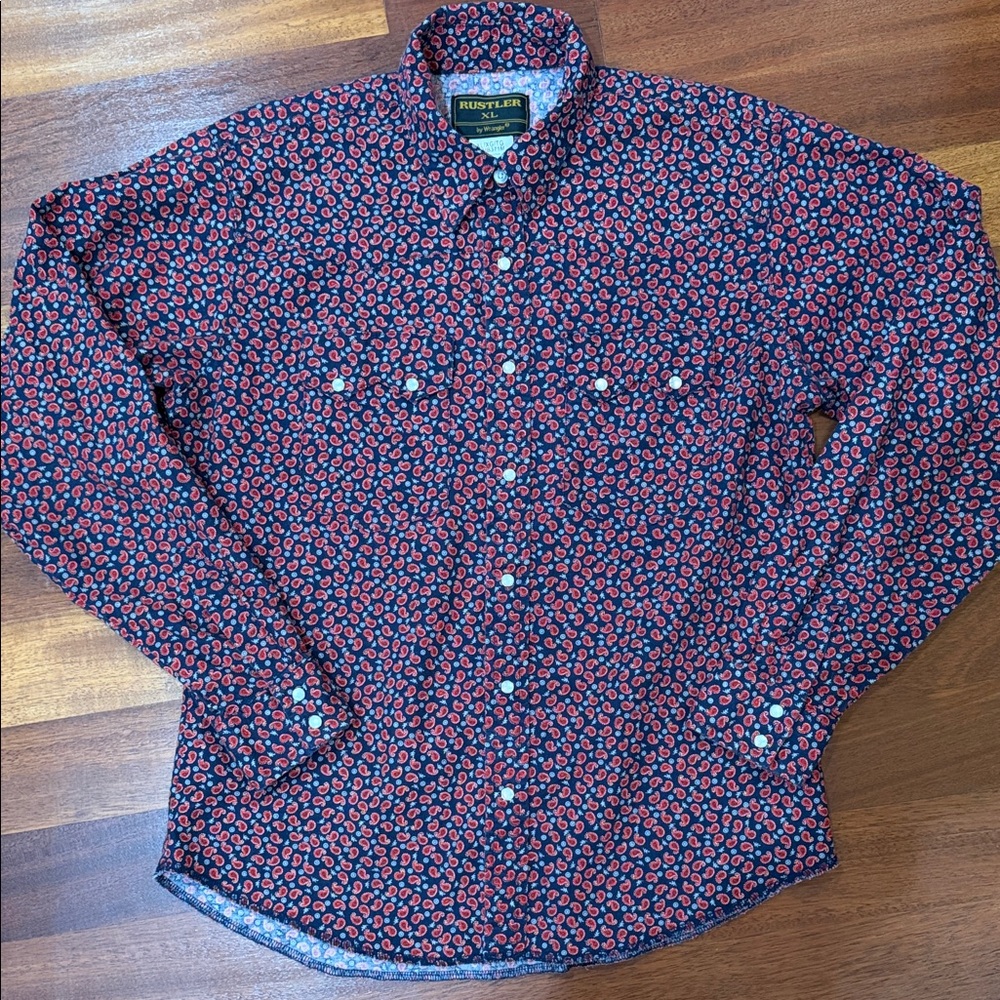 COASTAL COWGIRL Rustler by Wrangler XL Pearl Snap Navy Red Paisley Western Shirt